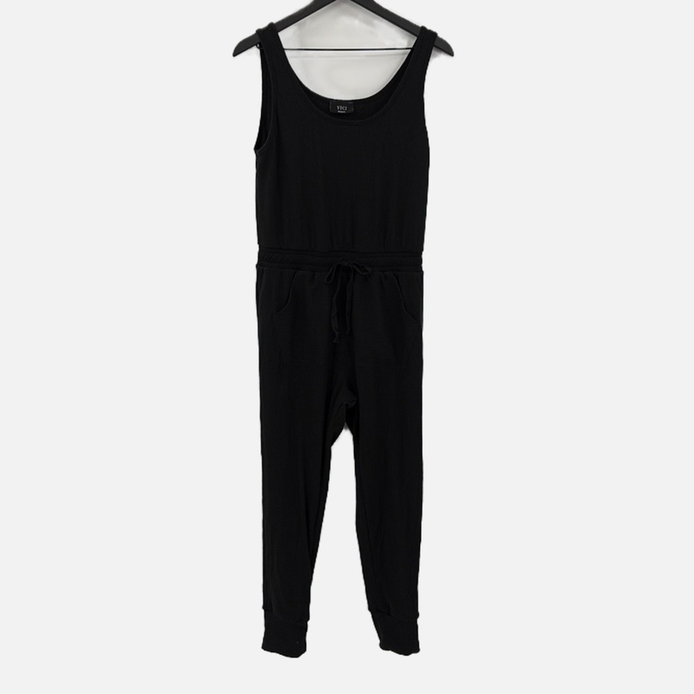 Vici Tank Style Ribbed Jogger Hem Jumpsuit in Black - Size Medium